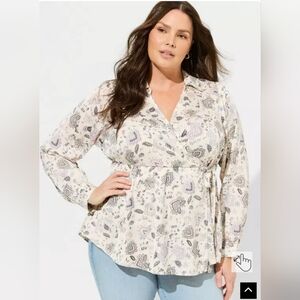 torrid Cream Floral Wrap Top with Lavender and Gray Accents